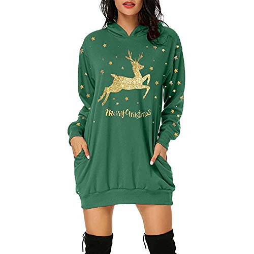 Weihnachtskleid Damen,Merry Christmas Hoodie Kleid Damen Weihnachtspullover Weihnachtskleider Pulloverkleid Rentier Print Kapuzenpullover Kleid Langes Weihnachts Pulli Kleid Weinachtspulli von Fulidngzg