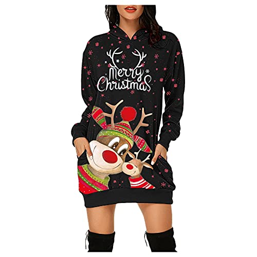 Weihnachtskleid Damen,Merry Christmas Hoodie Kleid Damen Weihnachtspullover Weihnachtskleider Pulloverkleid Rentier Print Kapuzenpullover Kleid Langes Weihnachts Pulli Kleid Weinachtspulli von Fulidngzg