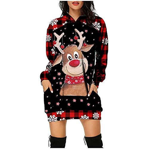 Weihnachtskleid Damen,Merry Christmas Hoodie Kleid Damen Weihnachtspullover Weihnachtskleider Pulloverkleid Rentier Print Kapuzenpullover Kleid Langes Weihnachts Pulli Kleid Weinachtspulli von Fulidngzg