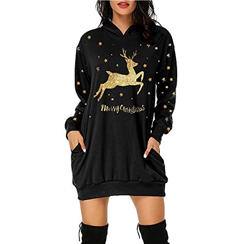 Weihnachtskleid Damen,Merry Christmas Hoodie Kleid Damen Weihnachtspullover Weihnachtskleider Pulloverkleid Rentier Print Kapuzenpullover Kleid Langes Weihnachts Pulli Kleid Weinachtspulli von Fulidngzg