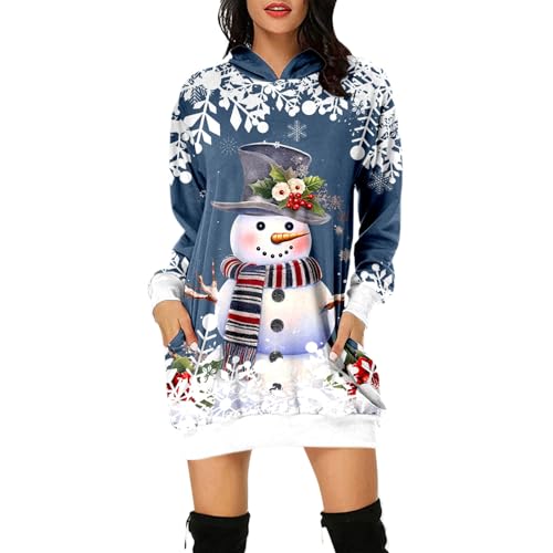 Fulidngzg Weihnachtskleid Damen,Merry Christmas Hoodie Kleid Damen Weihnachtspullover Weihnachtskleider Pulloverkleid Rentier Print Kapuzenpullover Langes Weihnachts Pulli Weinachtspulli von Fulidngzg