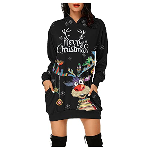 Weihnachtskleid Damen,Merry Christmas Hoodie Kleid Damen Weihnachtspullover Weihnachtskleider Pulloverkleid Rentier Print Kapuzenpullover Kleid Langes Weihnachts Pulli Kleid Weinachtspulli von Fulidngzg