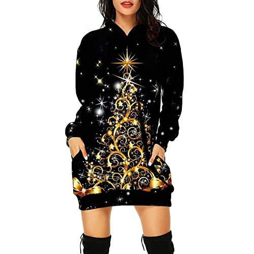 Weihnachtskleid Damen,Merry Christmas Hoodie Kleid Damen Weihnachtspullover Weihnachtskleider Pulloverkleid Rentier Print Kapuzenpullover Kleid Langes Weihnachts Pulli Kleid Weinachtspulli von Fulidngzg