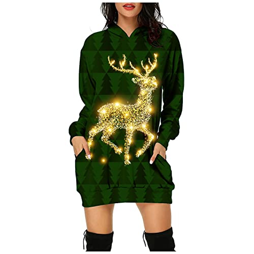 Weihnachtskleid Damen,Merry Christmas Hoodie Kleid Damen Weihnachtspullover Weihnachtskleider Pulloverkleid Rentier Print Kapuzenpullover Kleid Langes Weihnachts Pulli Kleid Weinachtspulli von Fulidngzg