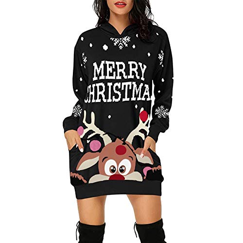 Weihnachtskleid Damen,Merry Christmas Hoodie Kleid Damen Weihnachtspullover Weihnachtskleider Pulloverkleid Rentier Print Kapuzenpullover Kleid Langes Weihnachts Pulli Kleid Weinachtspulli von Fulidngzg