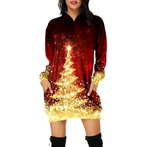 Weihnachtskleid Damen,Merry Christmas Hoodie Kleid Damen Weihnachtspullover Weihnachtskleider Pulloverkleid Rentier Print Kapuzenpullover Kleid Langes Weihnachts Pulli Kleid Weinachtspulli von Fulidngzg