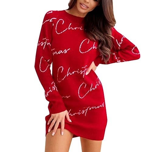 Weihnachtskleid Damen Lustig, Rotes Langarm Kleid Weihnachten Weihnachtskleidung Ugly Christmas Weihnachtskleider Etuikleid Strickkleid Silvester Elegant Vintage Weihnachtskostüm Weihnachtsoutfit von Fulidngzg