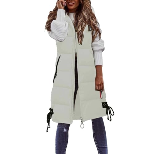 Weste Damen Lang - Steppweste Winter Daunenweste Übergangsweste Warmer Daunenmantel Hooded Frauen Softshelljacke mit Kapuze Leicht Ärmellos Jacke mit Reissverschluss Taschen Wintermantel Winterjacke von Fulidngzg