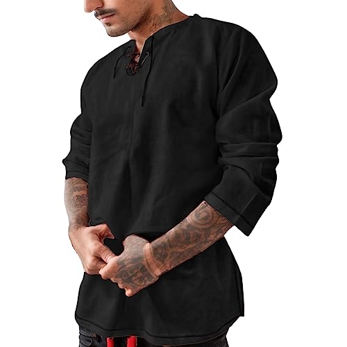 Wikinger Tunika Herren Slim Fit Leinen Kettenhemd Cosplay Blanc Du Nil Langarm Sommerhemd Schwarz Leinen Hemd 4XL Sommer Mittelalter Hemd Gothic Vintage Steampunk Piratenkostüm Hemd von Fulidngzg