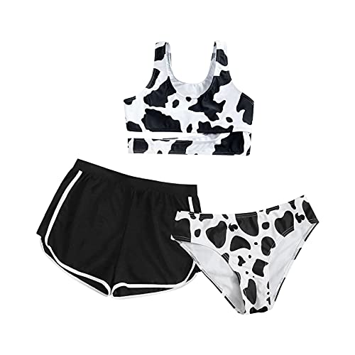 badeanzug mädchen 152 Bikini mit Shorts, Kinder Dreiteiliger Kühe Bademode Set, Träger Top, Badeshorts, Hot Pants Set, Sommer Teenager Badeanzüge Bekleidung für 8-14 Jahre, 130-160 von Fulidngzg