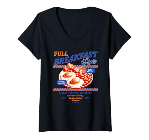 Damen Englischer Frühstücksteller UK Eggs England Großbritannien T-Shirt mit V-Ausschnitt Damen Englischer Frühstücksteller UK Eggs England Großbritannien T-Shirt mit V-Ausschnitt von Full Breakfast in the UK Full Fry Up Vintage