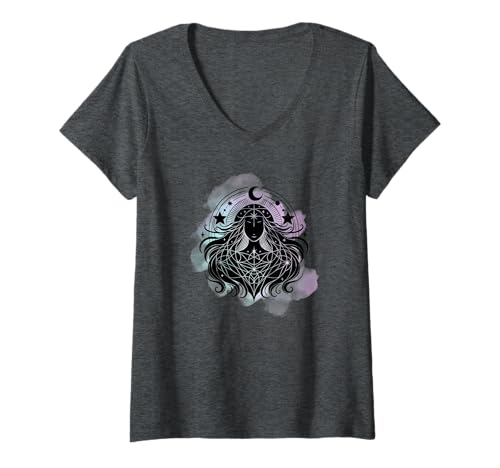 Damen Aquarell Himmlische Göttin Mond und Sterne T-Shirt mit V-Ausschnitt Damen Aquarell Himmlische Göttin Mond und Sterne T-Shirt mit V-Ausschnitt von Full Moon Spellbound