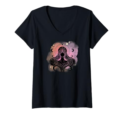Damen Aquarell Himmlische Göttin T-Shirt mit V-Ausschnitt Damen Aquarell Himmlische Göttin T-Shirt mit V-Ausschnitt von Full Moon Spellbound