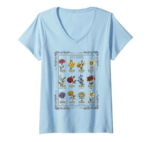 Damen Geburtsblume nach Monat, Vintage-Stil T-Shirt mit V-Ausschnitt Damen Geburtsblume nach Monat, Vintage-Stil T-Shirt mit V-Ausschnitt von Full Moon Spellbound