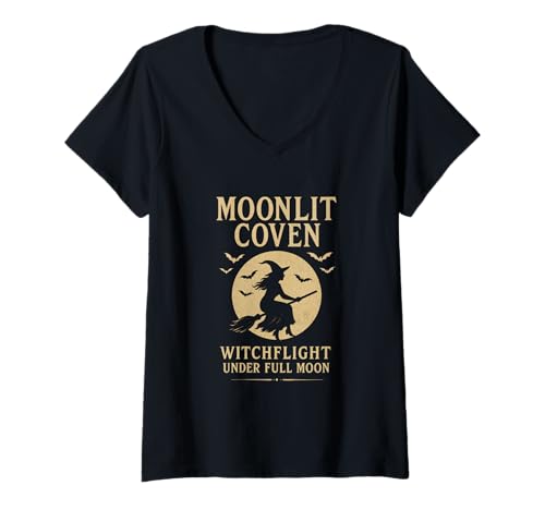 Damen Hexenflug Mond Coven Ästhetik für Halloween Nacht T-Shirt mit V-Ausschnitt Damen Hexenflug Mond Coven Ästhetik für Halloween Nacht T-Shirt mit V-Ausschnitt von Full Moon Witch Gothic Flying Coven Occult Style