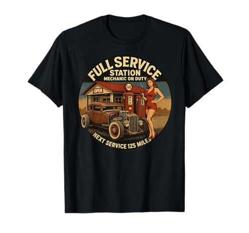 Rattenrute im Retro-Look, mit Gasantrieb, Vintage-Stil, Pin-Up-Girl T-Shirt Rattenrute im Retro-Look, mit Gasantrieb, Vintage-Stil, Pin-Up-Girl T-Shirt von Full Service Station Retro Rat Rod Tee