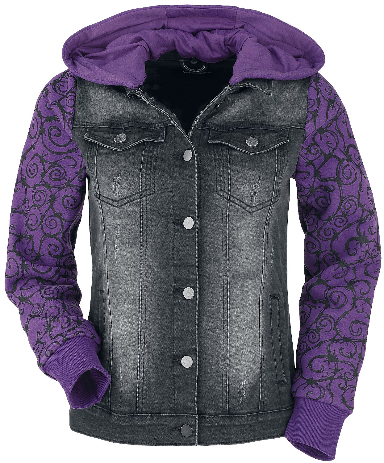 Full Volume by EMP Jeansjacke - Jeansjacke mit Sweatärmeln und Kapuze - XS bis 5XL - für Damen - Größe 4XL - schwarz/lila von Full Volume by EMP