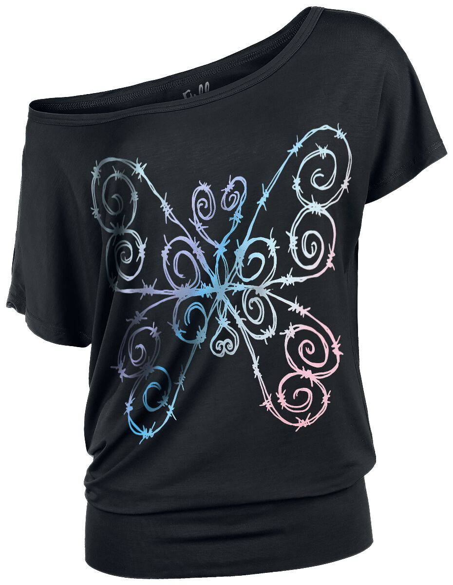 Full Volume by EMP T-Shirt - T-Shirt mit buntem Stacheldraht-Schmetterling - XS bis 5XL - für Damen - Größe XL - schwarz von Full Volume by EMP