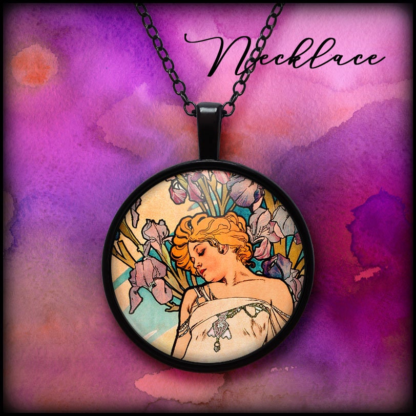 Halskette Mit Cabochon Anhänger - Alphonse Mucha | 6. Frauen Halskette, Kunst Reproduktion, Original Geschenk, Glascabochon, Mucha, Kunstdruck von FullMoonAndSun