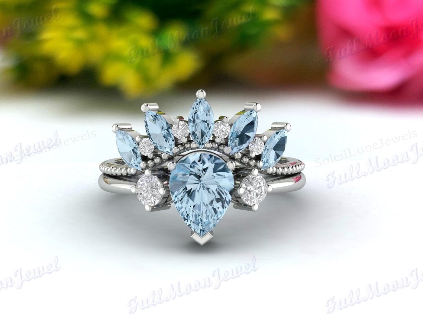 Aquamarin Ring, 925 Silber Sterling Zirkonia Blauer Stein Verlobungsring Set, Hochzeitsgeschenk Für Frauen, Geschenk Mama von FullMoonJewel