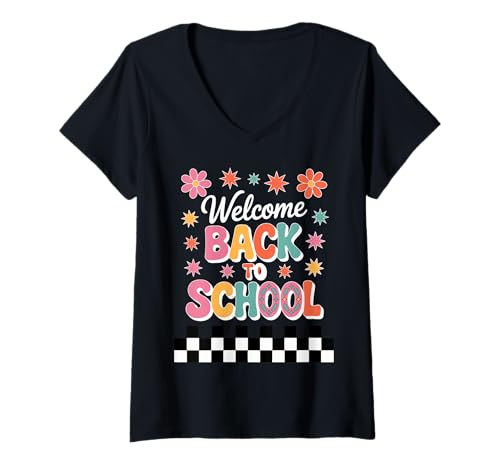 Damen Groovy Retro-Lehrer für den Schulanfang T-Shirt mit V-Ausschnitt Damen Groovy Retro-Lehrer für den Schulanfang T-Shirt mit V-Ausschnitt von Fun 70s Back To School Teacher Student Apparel