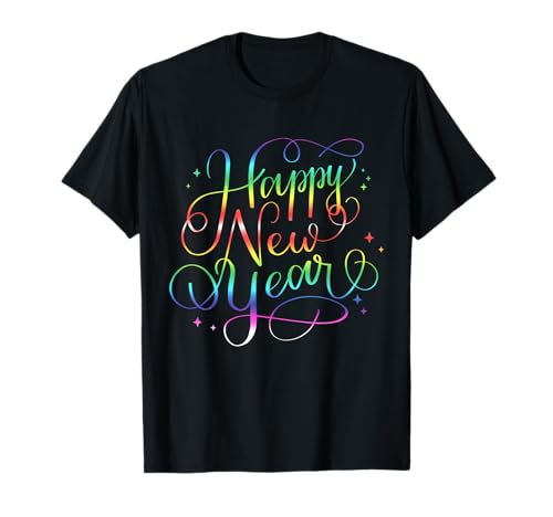 Clothes for the New Year celebration - Festliches Happy New Year Damen T-Shirt, Schwarz, Kurzarm, S, V-Ausschnitt, Klassische Passform, Party, Unisex, 1 Count von Clothes for the New Year celebration
