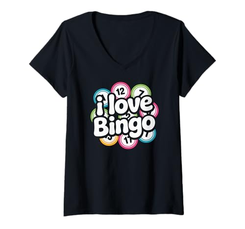Damen I Love Bingo Bunte Zahlen, Kreis T-Shirt mit V-Ausschnitt Damen I Love Bingo Bunte Zahlen, Kreis T-Shirt mit V-Ausschnitt von Fun Bingo Night Enthusiasts Design Lovers