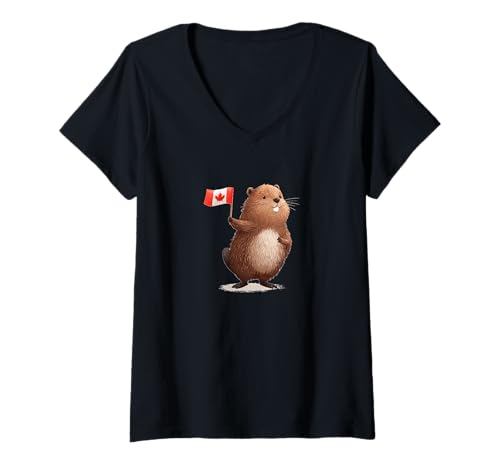 Damen Kanadischer Biber mit patriotischer Flagge Kostüm T-Shirt mit V-Ausschnitt Damen Kanadischer Biber mit patriotischer Flagge Kostüm T-Shirt mit V-Ausschnitt von Fun Canadian Beaver
