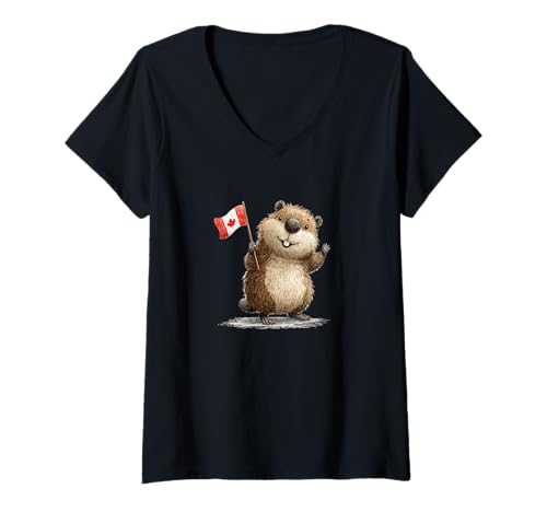 Damen Lächelnder Kanada Biber für Jungen und Mädchen T-Shirt mit V-Ausschnitt Damen Lächelnder Kanada Biber für Jungen und Mädchen T-Shirt mit V-Ausschnitt von Fun Canadian Beaver