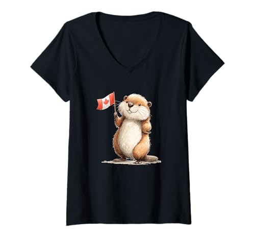 Damen Lustiger Biber mit patriotischer Kanada-Flagge Kostüm T-Shirt mit V-Ausschnitt Damen Lustiger Biber mit patriotischer Kanada-Flagge Kostüm T-Shirt mit V-Ausschnitt von Fun Canadian Beaver