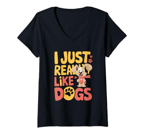 Damen Süßer Cartoon-Hut in Herzform mit Aufdruck „Ich mag Hunde einfach wirklich“ T-Shirt mit V-Ausschnitt von Fun Cartoon Dog Lover Heart Paw