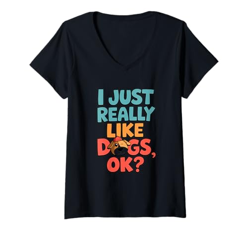 Damen Süßer Cartoon-Hut in Herzform mit Aufdruck „Ich mag Hunde einfach wirklich“ T-Shirt mit V-Ausschnitt von Fun Cartoon Dog Lover Heart Paw