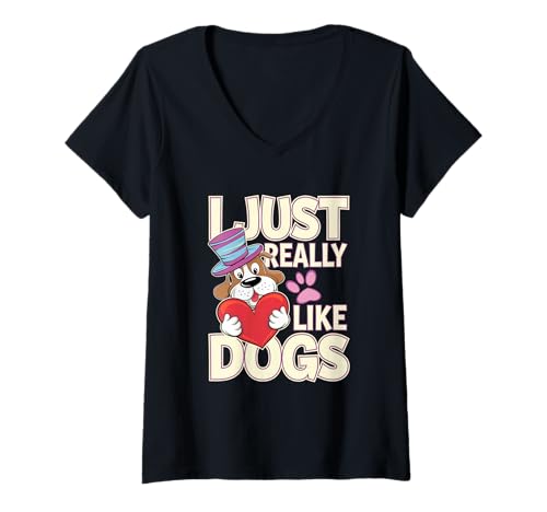 Damen Süßer Cartoon-Hut in Herzform mit Aufdruck „Ich mag Hunde einfach wirklich“ T-Shirt mit V-Ausschnitt Damen Süßer Cartoon-Hut in Herzform mit Aufdruck „Ich mag Hunde einfach wirklich“ T-Shirt mit V-Ausschnitt von Fun Cartoon Dog Lover Heart Paw