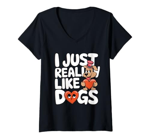 Damen Süßer Cartoon-Hut in Herzform mit Aufdruck „Ich mag Hunde einfach wirklich“ T-Shirt mit V-Ausschnitt Damen Süßer Cartoon-Hut in Herzform mit Aufdruck „Ich mag Hunde einfach wirklich“ T-Shirt mit V-Ausschnitt von Fun Cartoon Dog Lover Heart Paw
