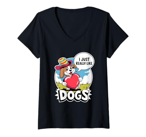 Damen Süßer Cartoon-Hut in Herzform mit Aufdruck „Ich mag Hunde einfach wirklich“ T-Shirt mit V-Ausschnitt von Fun Cartoon Dog Lover Heart Paw