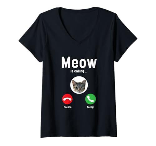 Damen Meow is calling - Cat calls - Funny cat T-Shirt mit V-Ausschnitt von Fun Cat Calling Mobile Phone Smartphone Clothing