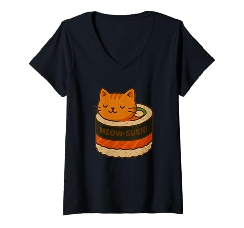Damen Lustiges Katzen-Sushi-Grafik-T-Shirt, niedliches Anime-Katzenfutter-Wortspiel T-Shirt mit V-Ausschnitt Damen Lustiges Katzen-Sushi-Grafik-T-Shirt, niedliches Anime-Katzenfutter-Wortspiel T-Shirt mit V-Ausschnitt von Fun Cat Tees