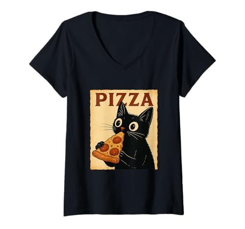 Damen Lustiges Katzen-T-Shirt mit Pizza-Grafik, italienische Anime-Katze T-Shirt mit V-Ausschnitt Damen Lustiges Katzen-T-Shirt mit Pizza-Grafik, italienische Anime-Katze T-Shirt mit V-Ausschnitt von Fun Cat Tees