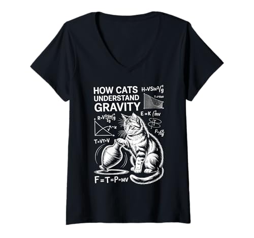 Damen Katzenphysik Wie Katzen die Schwerkraft verstehen Lustige Katze T-Shirt mit V-Ausschnitt Damen Katzenphysik Wie Katzen die Schwerkraft verstehen Lustige Katze T-Shirt mit V-Ausschnitt von Fun Cats Thinking Cool Science Cat Design
