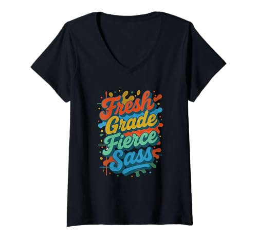 Damen Fresh Grade Fierce Sass Cool Back to School Typografie T-Shirt mit V-Ausschnitt Damen Fresh Grade Fierce Sass Cool Back to School Typografie T-Shirt mit V-Ausschnitt von Fun Colorful Back To School Funny Saying