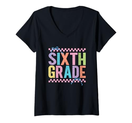 Damen Kariertes Schleifen-Design der sechsten Klasse T-Shirt mit V-Ausschnitt von Fun Colorful School Grade Designs