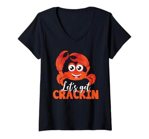 Damen Let's Get Crackin Crustacean Humorous Crab Lover Graphic T-Shirt mit V-Ausschnitt von Fun Crab, die Grafik für Krabben fängt