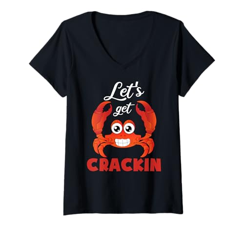Damen Let's get Crackin Crustacean Humorous Crab Lover Graphic T-Shirt mit V-Ausschnitt von Fun Crab, die Grafik für Krabben fängt