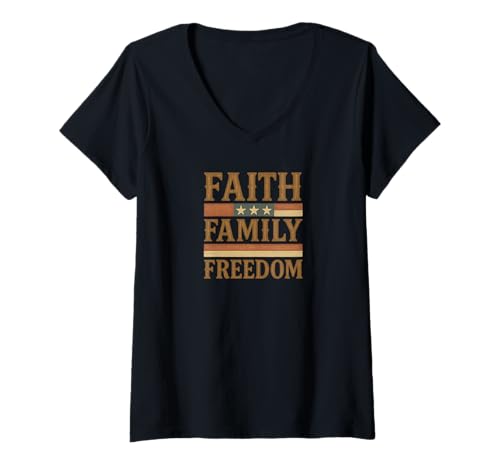 Damen Faith Family Freedom Rustikales patriotisches Vintage-Design T-Shirt mit V-Ausschnitt Damen Faith Family Freedom Rustikales patriotisches Vintage-Design T-Shirt mit V-Ausschnitt von Fun Designs