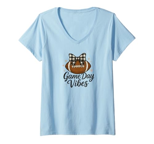 Damen Game Day Vibes niedliches Fußball-Schleifen-Design T-Shirt mit V-Ausschnitt von Fun Designs