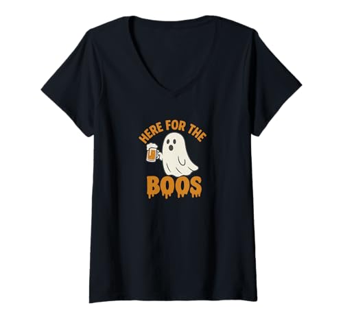Damen Here for The Boos Lustiges Ghost Beer Halloween-Design T-Shirt mit V-Ausschnitt von Fun Designs