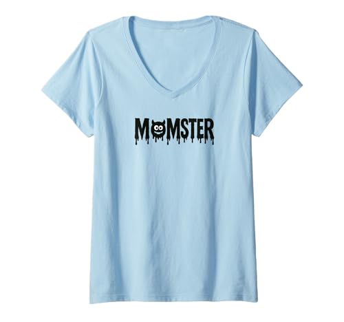 Damen Momster süßes Monstergesicht tropfendes gruseliges Halloween-Design T-Shirt mit V-Ausschnitt von Fun Designs