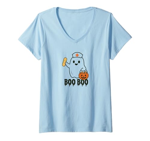 Damen Niedliches Boo Krankenschwester Geist Halloween Design T-Shirt mit V-Ausschnitt von Fun Designs
