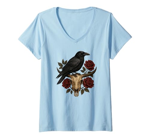 Damen Rabe auf Totenkopf mit dunkelroten Rosen Western Gothic Design T-Shirt mit V-Ausschnitt von Fun Designs