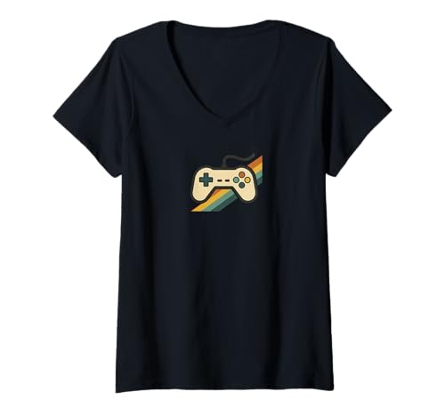 Damen Retro Gamer Controller | Vintage Gaming Style Design T-Shirt mit V-Ausschnitt von Fun Designs
